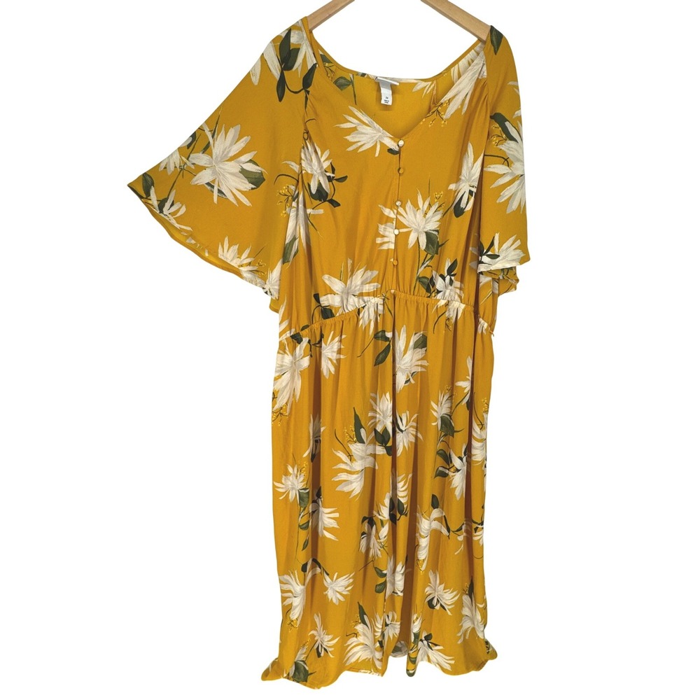 Ava Viv Yellow Floral Button Front Flutter Sleeve Maxi Dress 3x Resortwear Loose